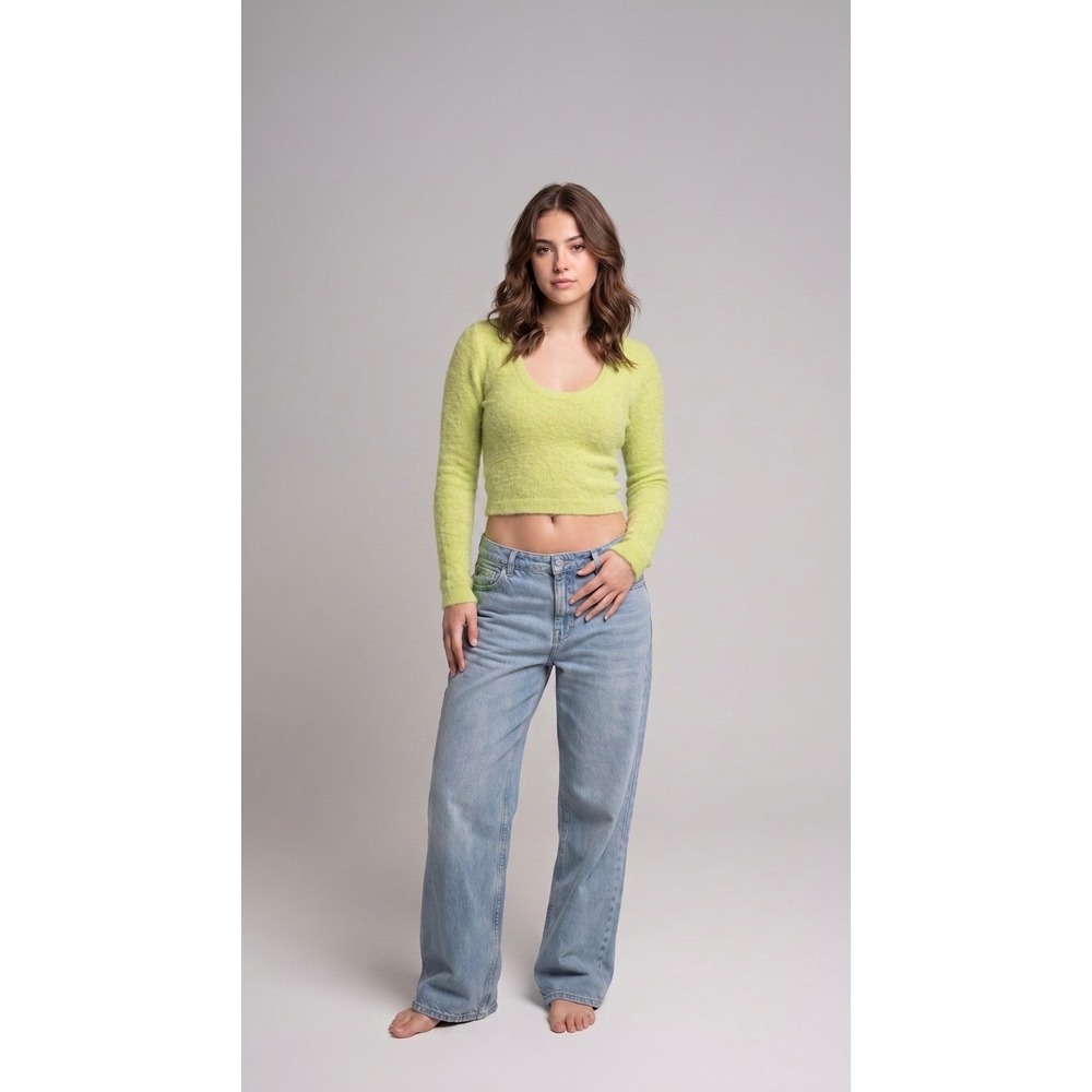 H&M Scoop Neck Fuzzy Sweater in Lime Green